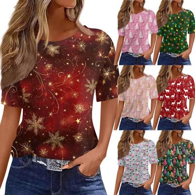 Damen Modisches Lässiges Kurzarm Weihnachts-Print Rundhals Pullover Top