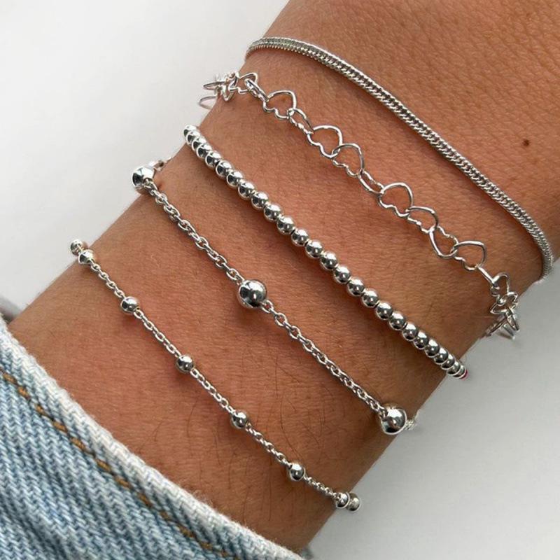 Trendy Beaded Bracelet Set: European-American Hip Hop Style, Heart Chain, 5-Piece Collection