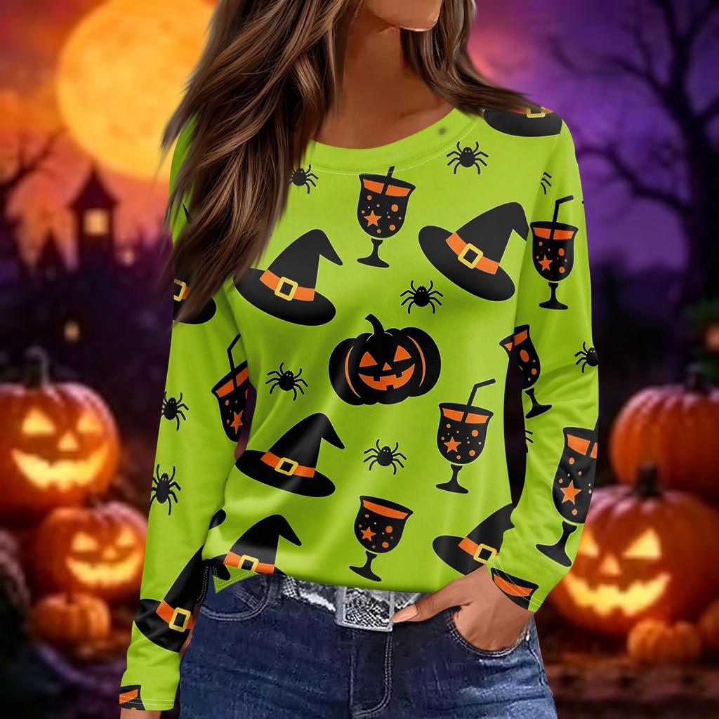 Women's Fashion Long Sleeve Top Halloween Print Round Neck Pullover Shirt with Split Hem Casual Wear for Autumn and Winter