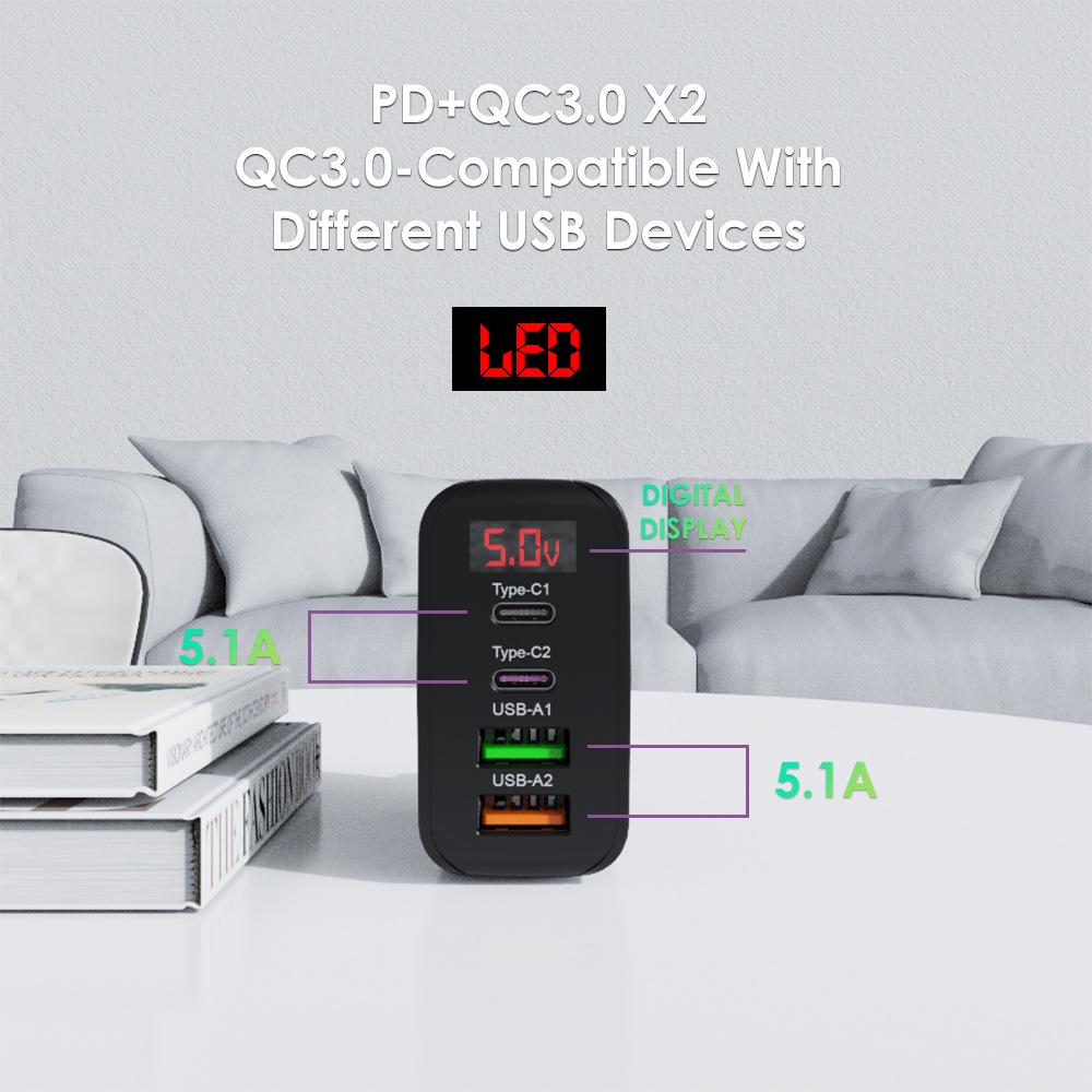 45W Multi-Port Phone Charger with Digital Display, 2A+2C, 3.1A, EU/UK Plug