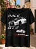 Voiture de sport Race GTE Turbo sur Roues vues avant et arrière rouge notes de performance sport automobile détaillé T-shirt Unisexe Tout