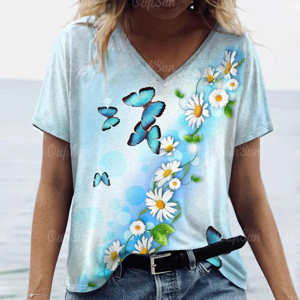 Colorful Love Butterfly Pattern 3D Printed Women's Casual V-neck Short Sleeved T-shirt
