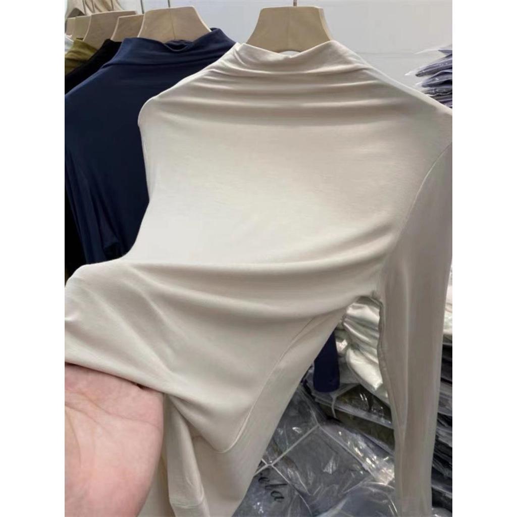 Women's Double-Sided Plush High-Neck Long-Sleeve Base Layer Shirt, Warm Slim-Fit Solid Color for Inner Wear.