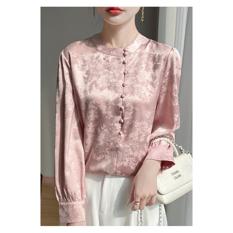 Women S Chinese Style Stand Collar Long Sleeve Printed Satin Shirt