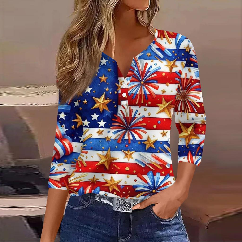 Women's Fashion Casual Independence Day American Flag Stars and Stripes Print Collar V-Neck Three-Quarter Sleeve Decorative Button-Up T-Shirt Top