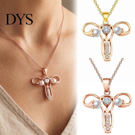 Uterus Pendant Necklace Gynecologist Necklace, Feminist Medical Symbol Obstetrician Statement Dainty Faux Pearl Jewelry with Rhinestones for
