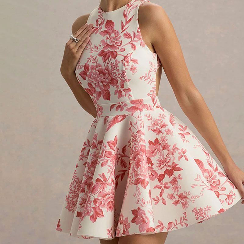 Niche Design Cross-Border New Arrival Women's Clothing Sleeveless Printed Open Back Shoelace Sexy French Style Elegance Slim Looking Dress