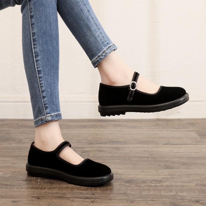 Cloth shoes women's soft sole comfortable velvet black one-word buckle hotel waiter cleaning work cloth shoes