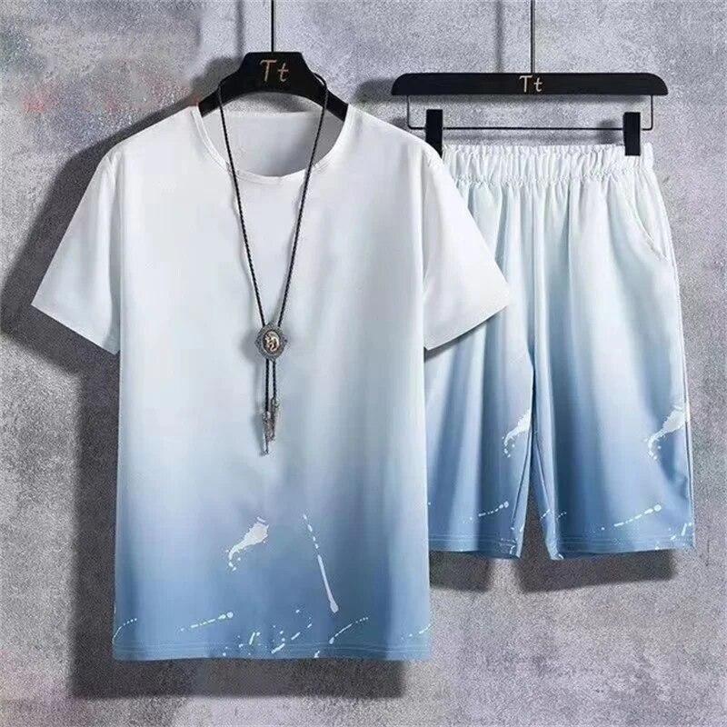 Sommer-Sportbekleidung für Herren, mit Farbverlauf bedruckt, Badminton-Set, Outdoor-Lauf-T-Shirt und Shorts, bequeme und atmungsaktive Kleidung