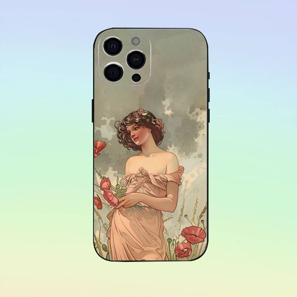 Vintage A-Alphonse Mucha Phone Case For iPhone 17, 16,15,14,13,12,11, Others Soft Silicone Black Cover