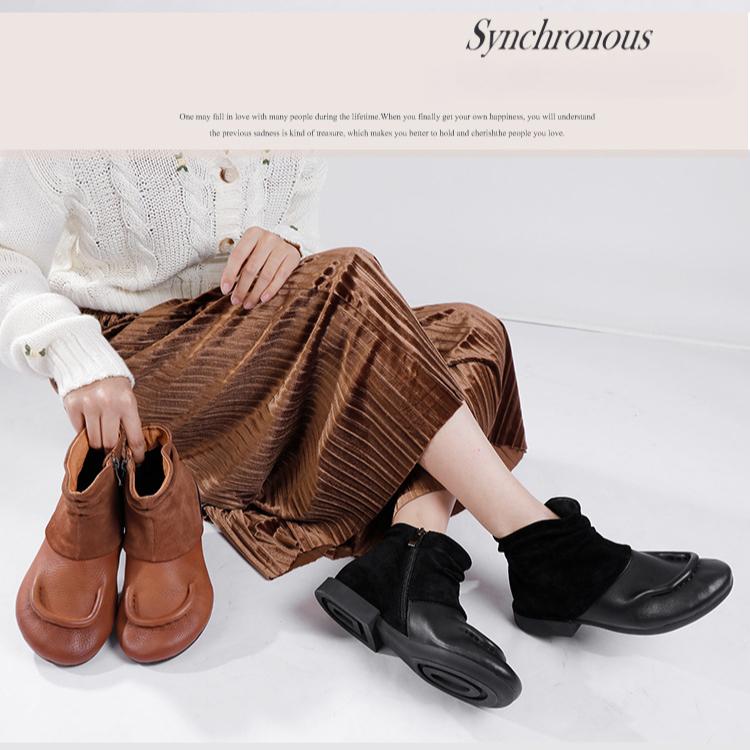 Johnature Botas de otoño/invierno, botas cortas de piel auténtica, zapatos retro de suela blanda y cómodos para mujer