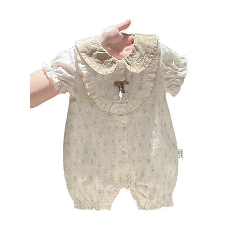 Stylish Floral Infant Romper Cream Tone Doll Collar Thin Breathable Summer Girls Daily Outdoor Suit