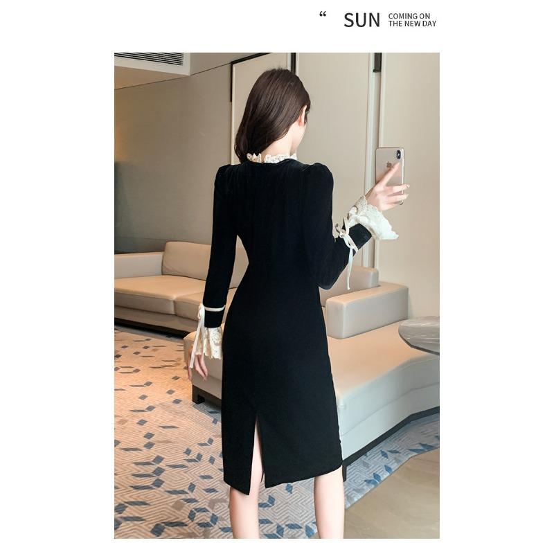 Autumn Winter Elegant Fashion Lace Patchwork Velvet Dress Women Vintage Single Breasted Bodycon Robe Vestidos