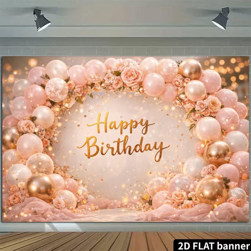 2D Rose Gold Floral Themed Happy Birthday Backdrop Banner for Birthday Party Photography Decoration