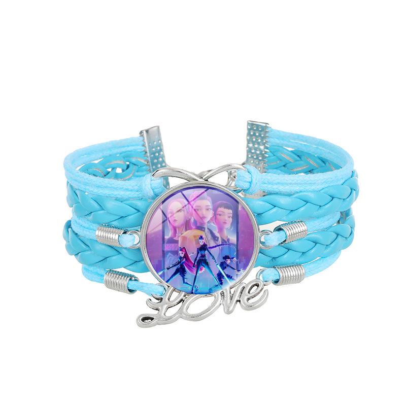 1Pc Demon Hunters KPOP Cartoon Time Gem Bracelet, Leather Braided Blue Multi Layer