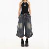 Amerikanische Retro Damen Multi-Taschen Denim Capri Shorts - Locker, Weitbein, Mittellang Sommer Arbeitskleidung