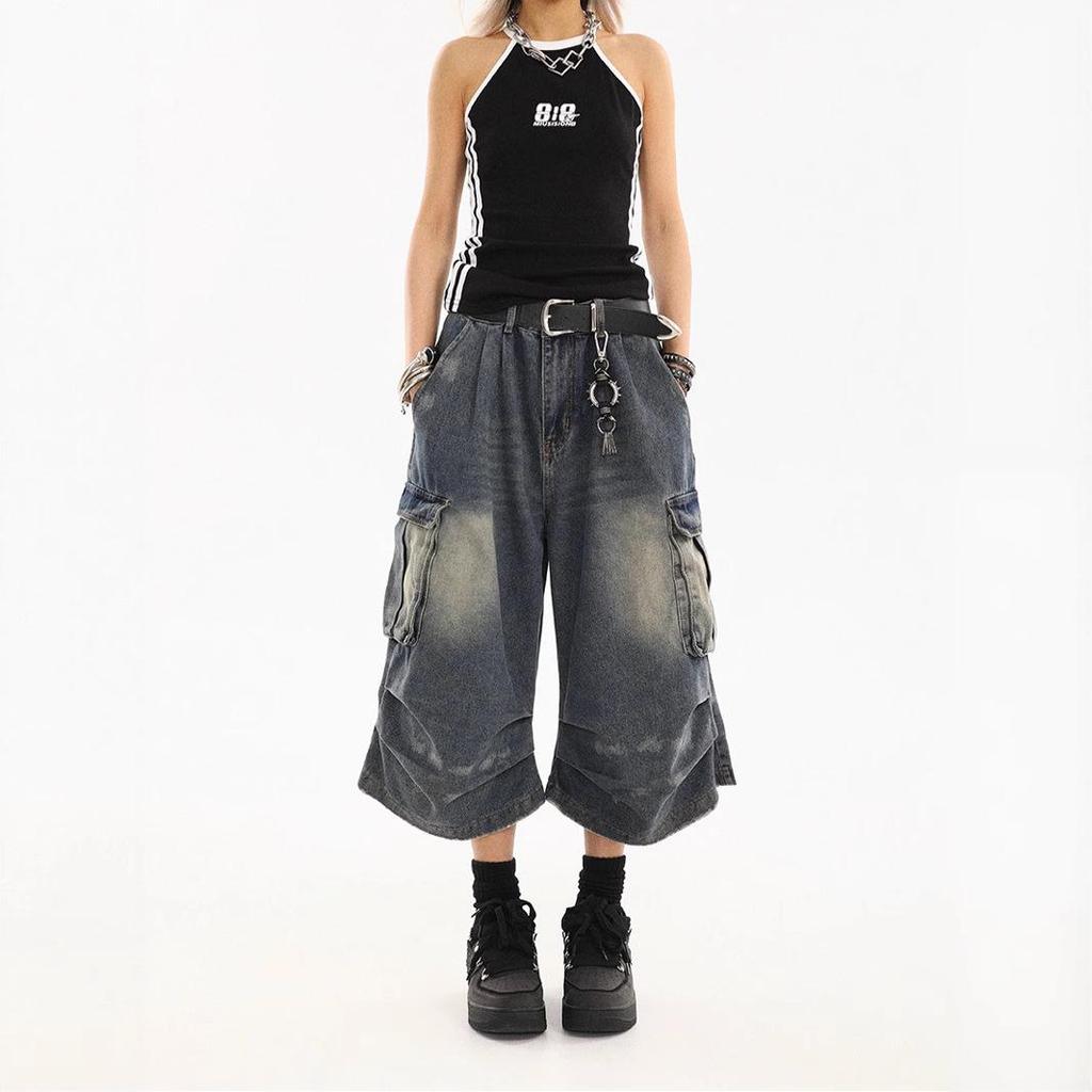 Pantaloni Capri din Denim cu Buzunare Multiple pentru Femei în Stil Retro American - Largi, cu Picior Lat, Lungime Medie, Haine de Lucru de Vară