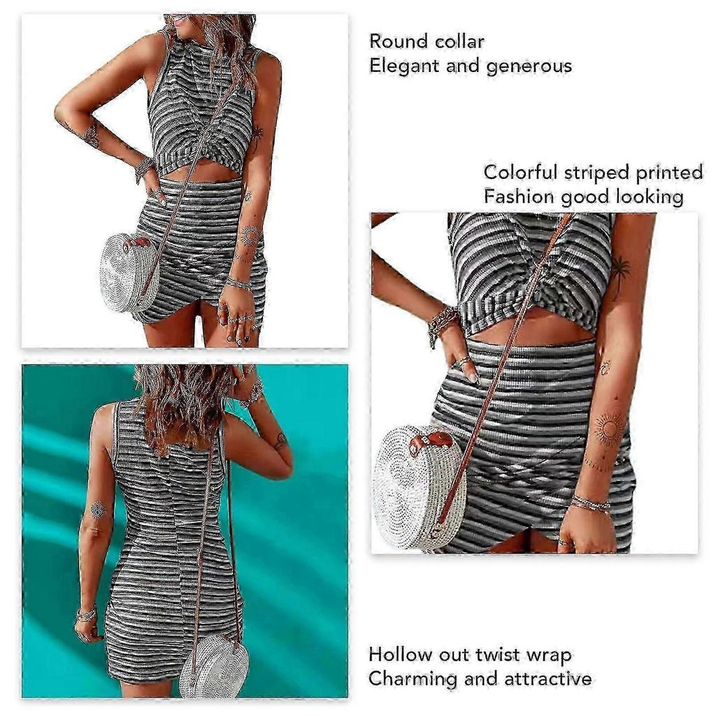 Hollow Out Twist Wrap Dress Colorful Printed Pattern Round Neck Sleeveless Women Twist Wrap Bodycon