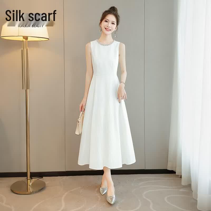 Elegant Round Neck A-Line Sleeveless Midi Dress L