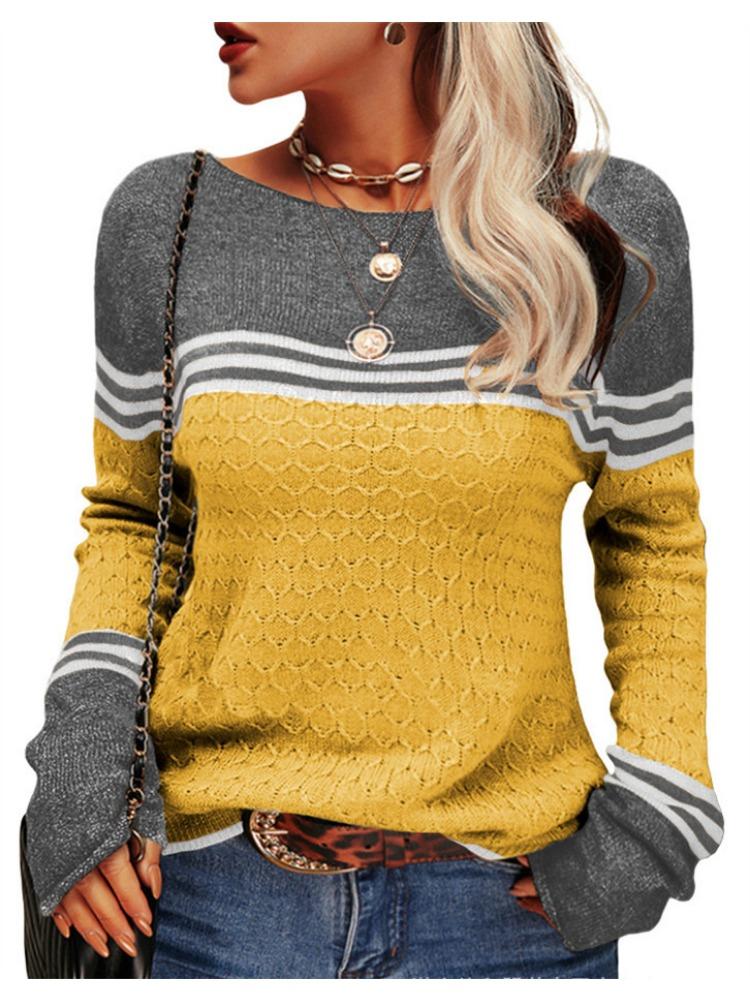 

Осень Зима Женский Элегантный Повседневный Топ на Шнуровке с Длинным Рукавом Вязаный Полосатый Цветной Блок Круглый Вырез Роскошный Свободный Универсальный Топ L жёлтый