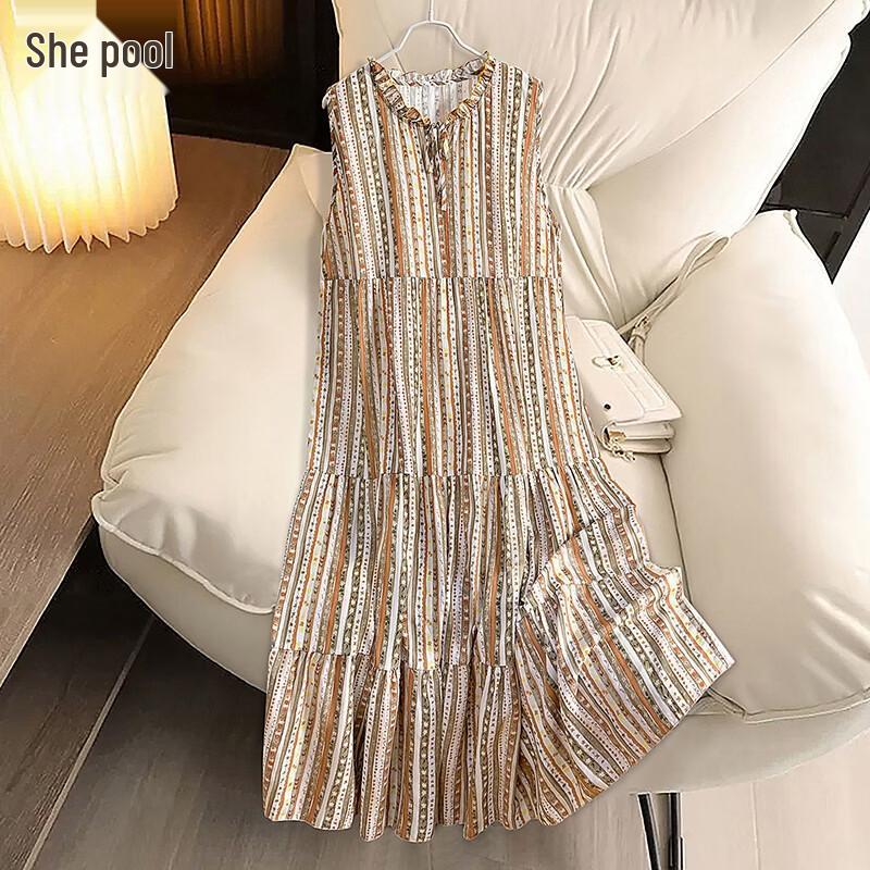 Women s Wood Ear Trim Striped Sleeveless Midi Dress One Size