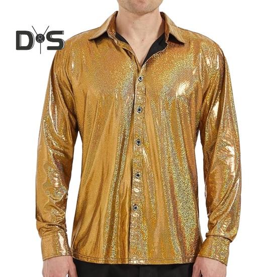 

Осенняя мужская рубашка с глянцевой поверхностью, отложным воротником, однобортная, с длинными рукавами, свободная, однотонная, для рождественской вечеринки, ночного клуба, танцев, уличная одежда XXL золотистый