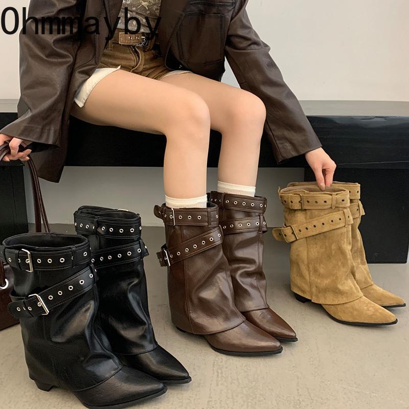 Hottie Belt Buckle Women Ankle Boots Fashion Pointed Toe Thick Heels Ladies Western Cowboy Booties