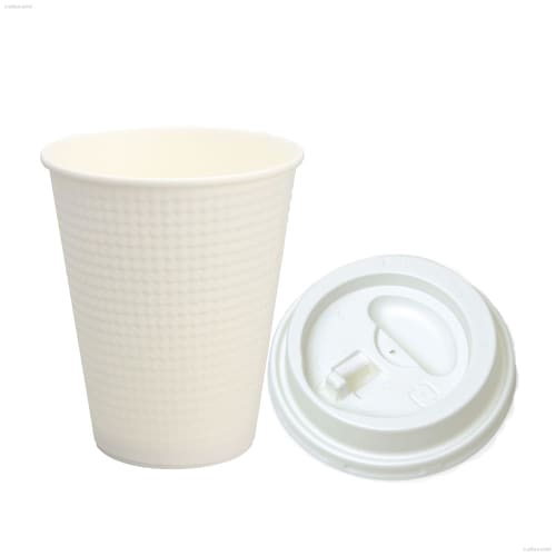 Made In Japan by Tokan Kogyo, Insulated Embossed Paper Cups, Plain White, 260ml with White Lift-Up Lids, Pack of 50 (SMP-260E)