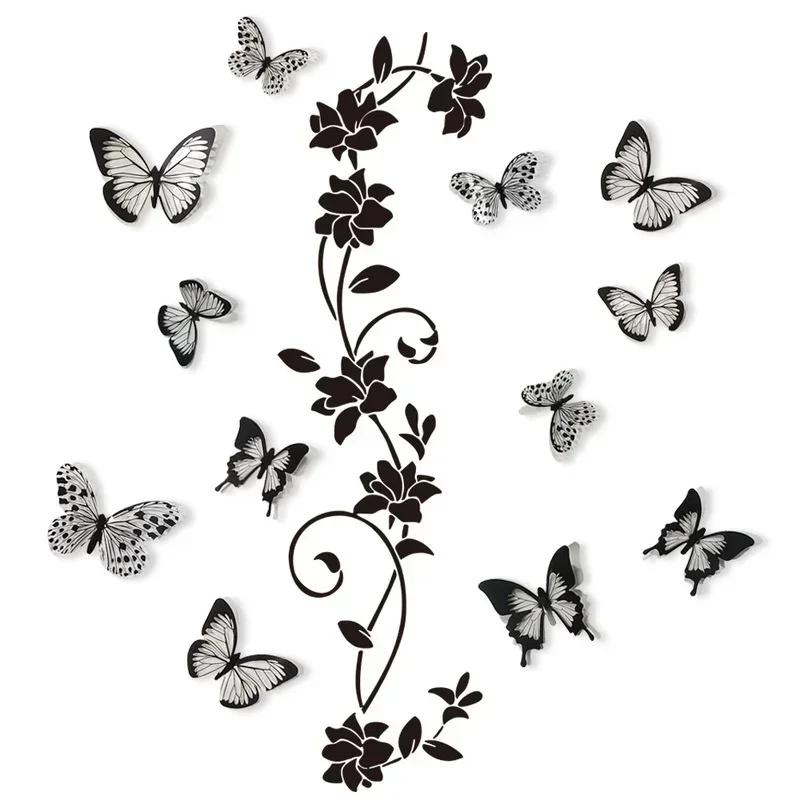 Home Decor Black Flower Rattan 3D Butterfly Wall Stickers Living Room Background Room Wall Stickers Dark Style