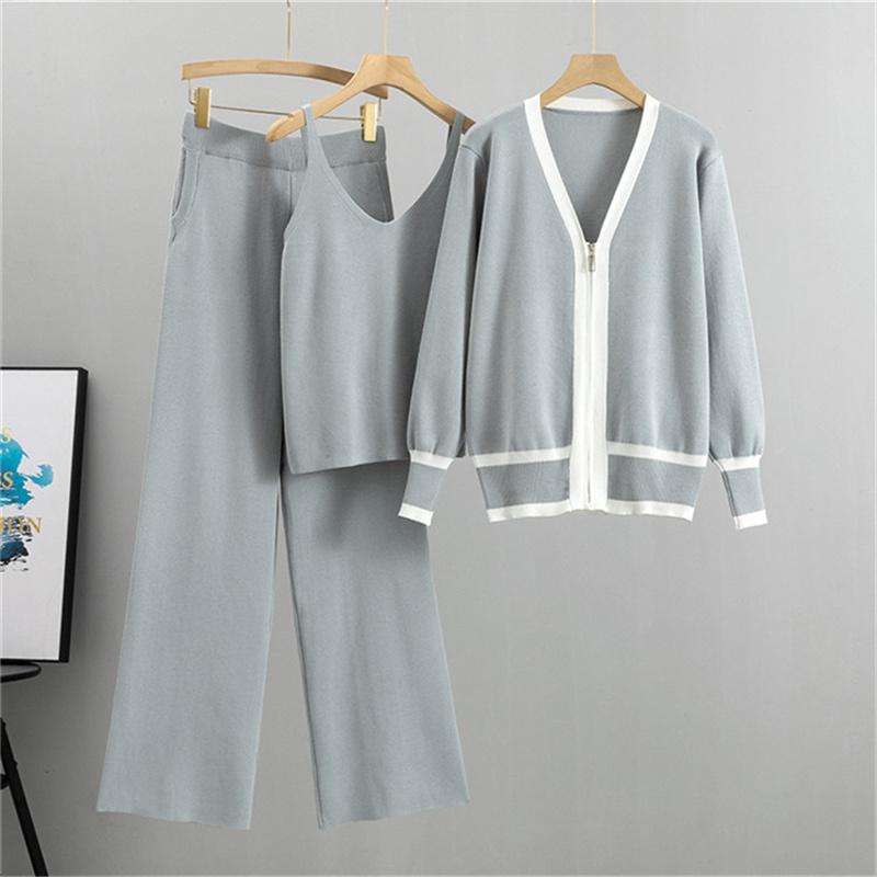 Autumn And Winter Women's Knitted Suit Cardigan Camisole Wide Leg Pants Suit