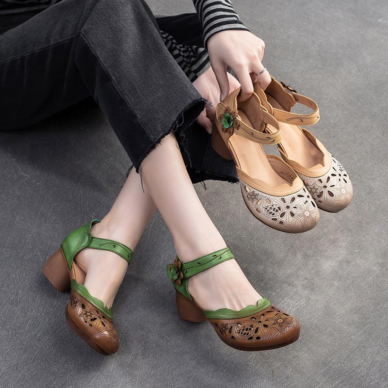 Fashion GKTINOO 2025 New Women Sandals Summer Genuine Leather Thick Heels Sandals Retro Style Round Toe Casual High Heel Mom Shoes