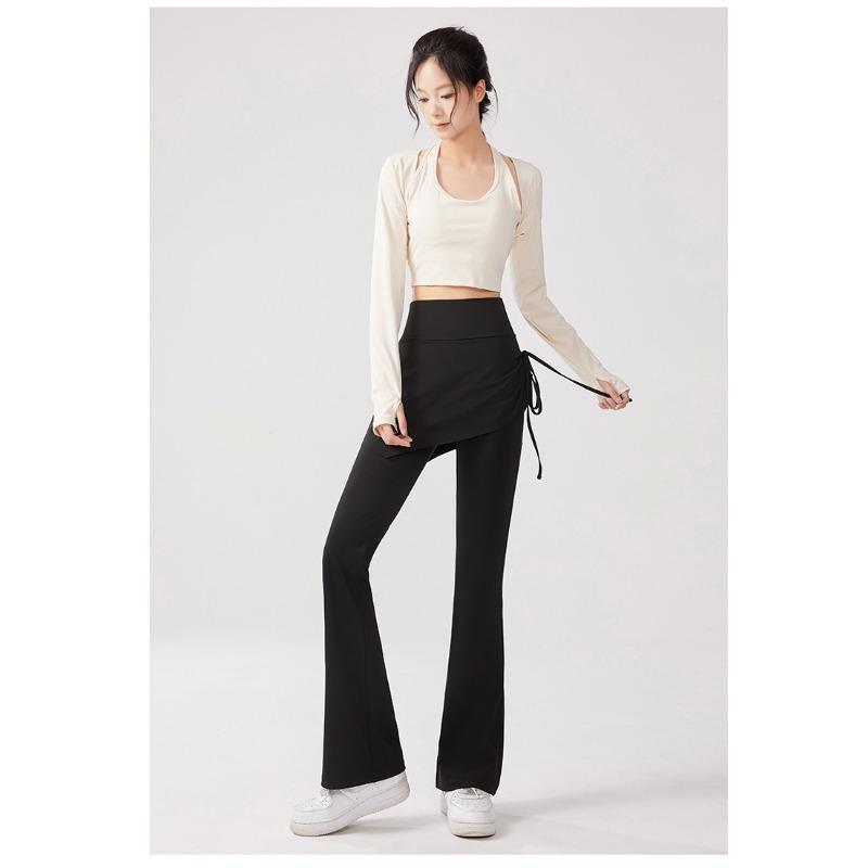 Women High Waist Fake Two Piece Flared Skirt Pants Elastic Yoga Casual Leggings