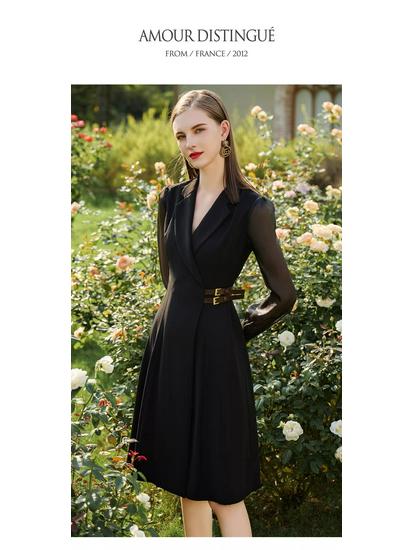 Spring Black Mesh Sleeve Goddess Dress - Waist-Slimming Suit Collar, Mid-Length Professional Women's Outfit
