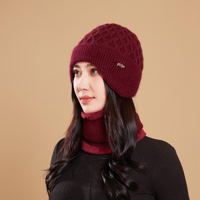 Autumn and Winter Middle-aged and Old Mother Wool Hat Knitted Two-piece Set, Ear Protector, Pullover Hat, Scarf, Plush Warm Hat