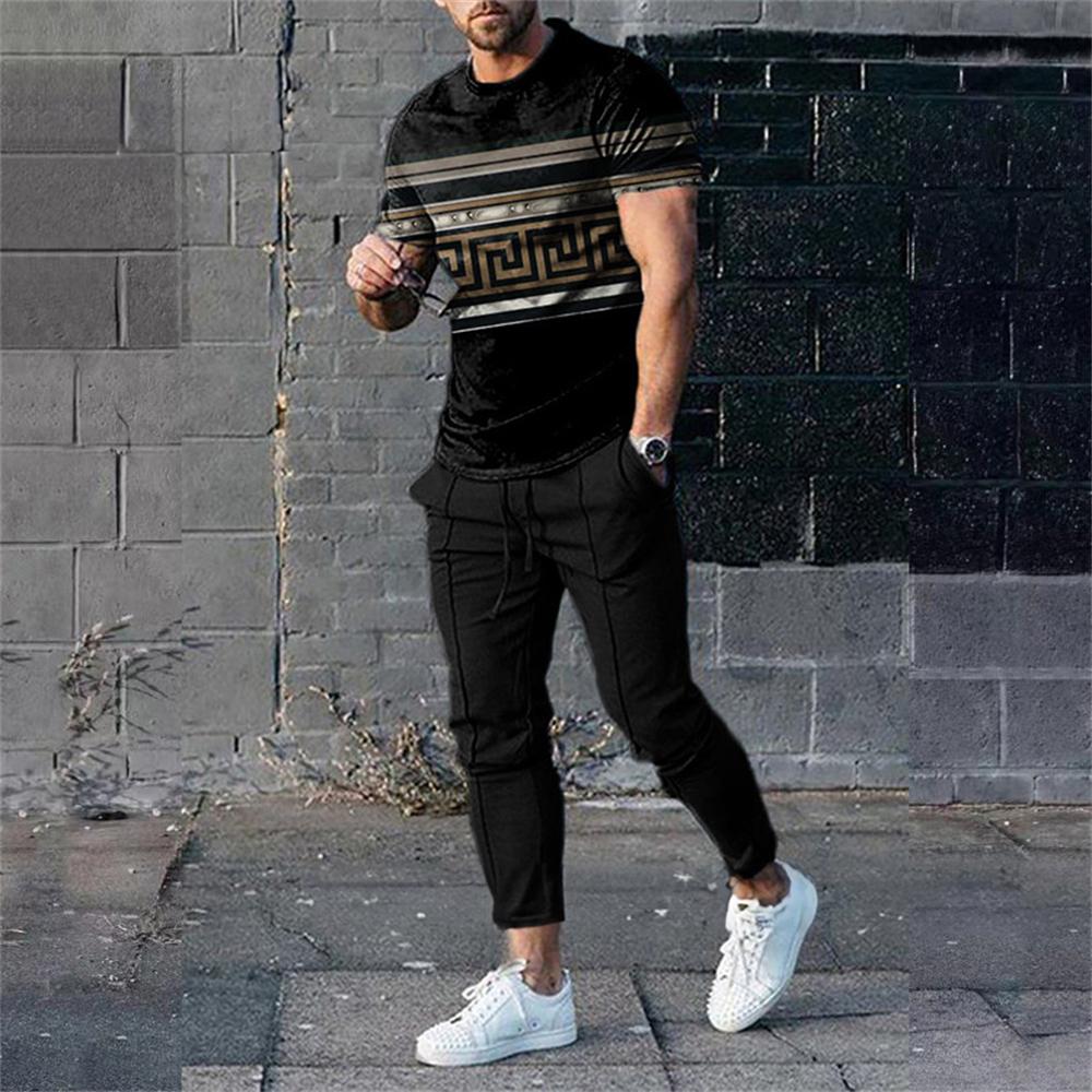 Men Summer Sets Short Sleeve T Shirt Trousers 2 Pc Sets Print Oversized T-shirts Pants Suits Casual Tops Sweatpants Men Clothing