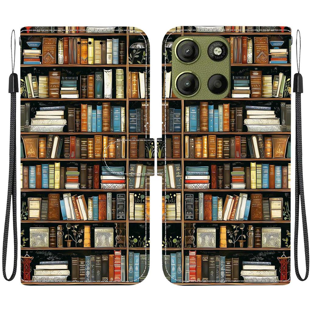 Handmade PU Leather Flip Case for Motorola Moto G15 Anti-Slip Shockproof Cover with Wrist Strap & Heart/Rose Cat Designs