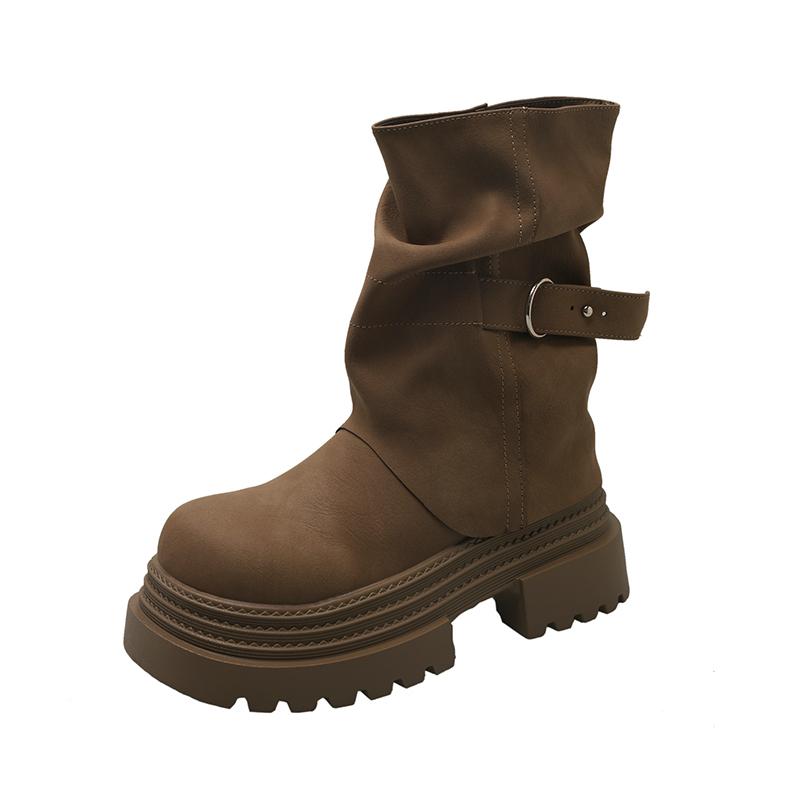 Fashion Thick Bottom Women Western Cowboy Boots Fashion Belt Buckle Autumn Winter Female Slip On Mid Calf Booties