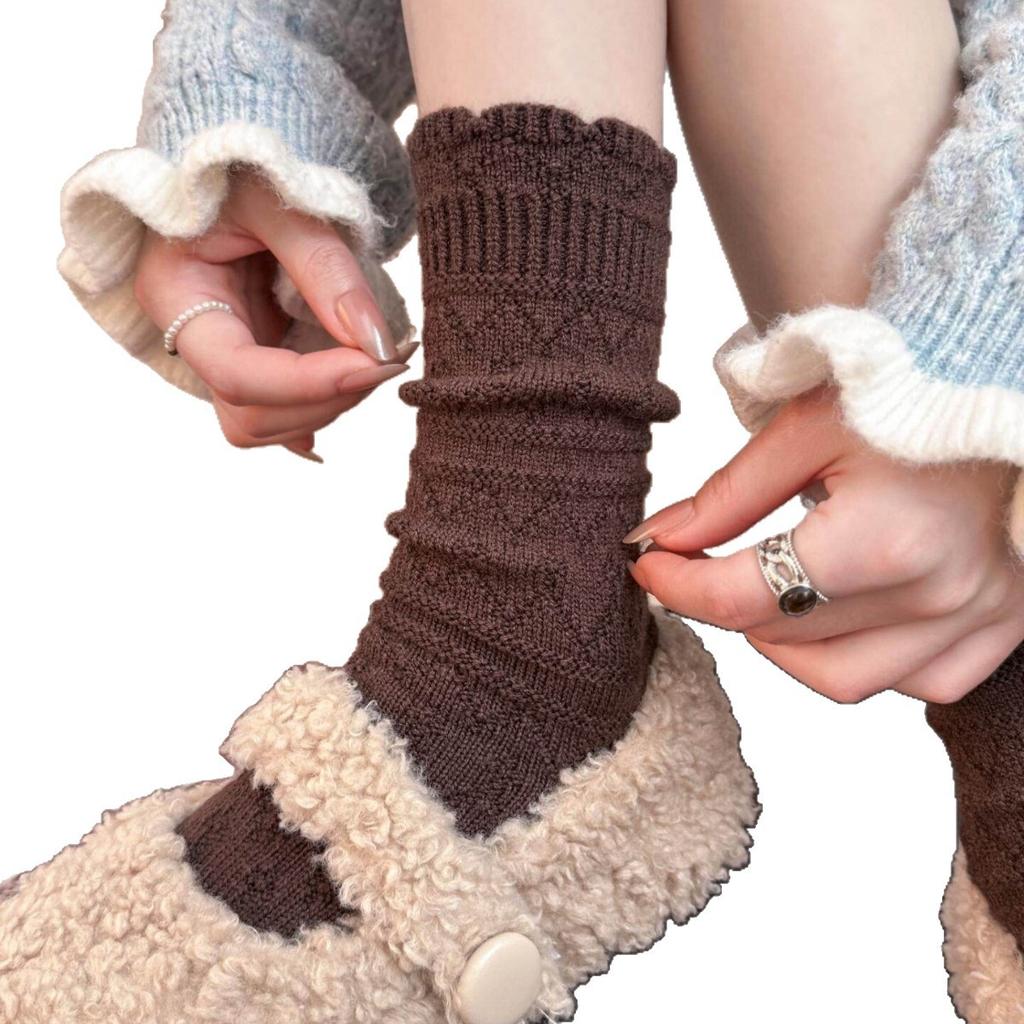 Rhombus Lace Autumn And Winter Stacking Socks Children'S Knitted Warm Medium Tube Calf Socks Basic Solid Color Boneless Soft Waxy Cotton Socks