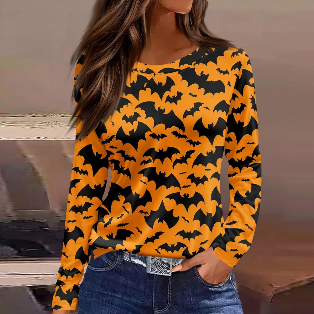Damesmode Casual Split Zoom Ronde Hals Lange Mouw Los Halloween Bedrukt T-shirt Dames Top