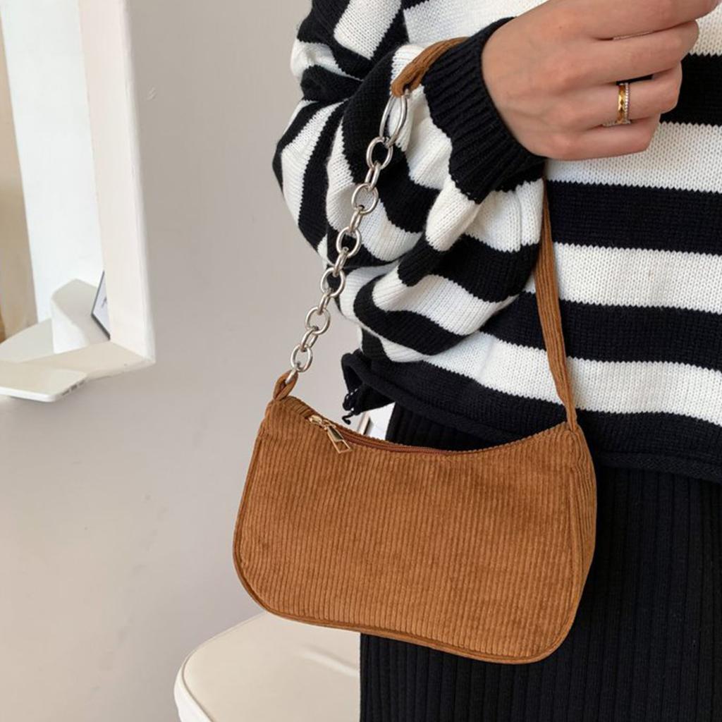 Vintage Messenger Bag Schultertasche mit Reißverschluss Streifen Kord Umhängetasche Allround-Handtasche für Frauen Mädchen Alltagskleidung