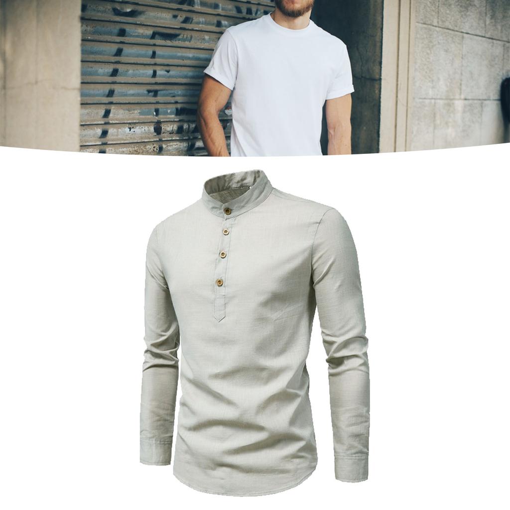 Męska koszula wizytowa szara slim fit stójka jednolity kolor elegancka miękka męska koszula Henley do biznesu