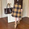 Autumn Retro Plaid Slimming Midi Skirt In Brown/Yellow - Hip Covering Style