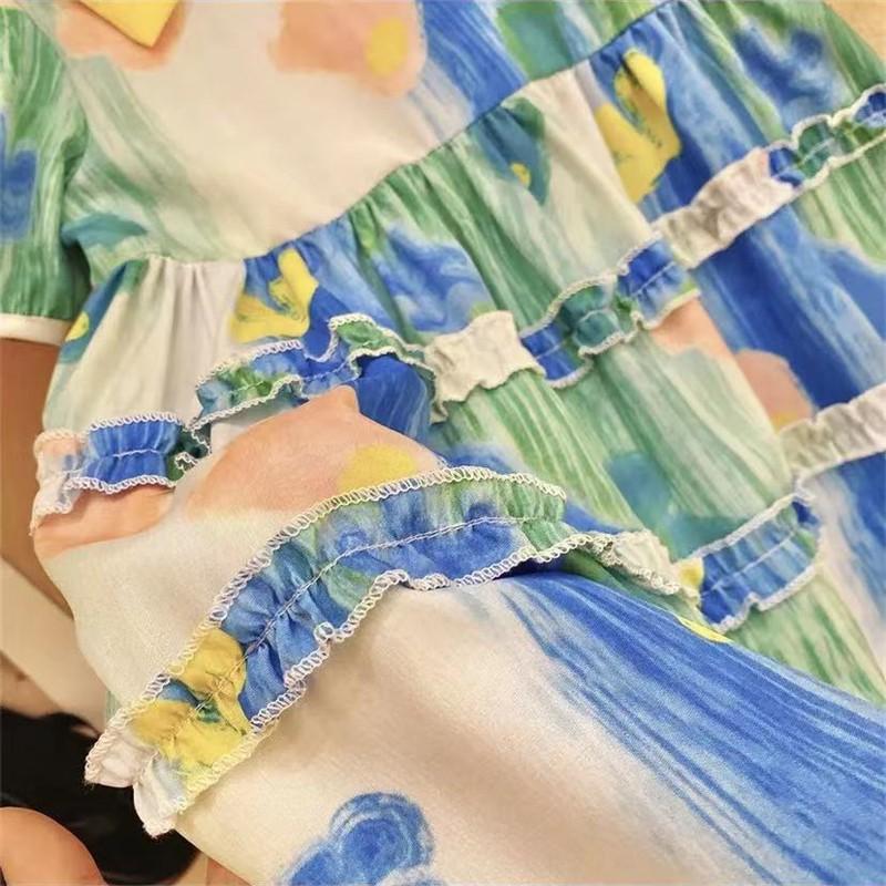 Girls Pastoral Oil Painting Gradient Princess Dress Summer Short Sleeve Dress For Kids