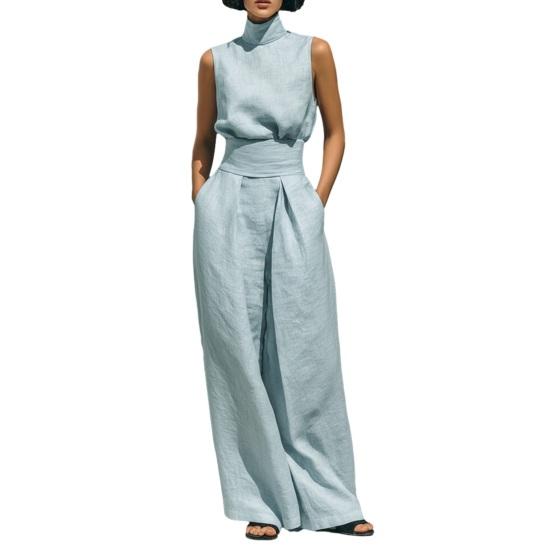 Women s Faux Linen Summer 2 Piece Outfit Sleeveless Stand Collar Top And Wide Leg Pants Matching Lounge Set with Pockets XXXL небесно-голубой