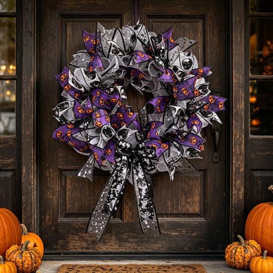 Theme Halloween Decor Mesh Ribbon Wreath for Front Door, Spooky Skull Pumpkin with Bow, Purple Black Stripe Decorative Garland Doors Walls Windows