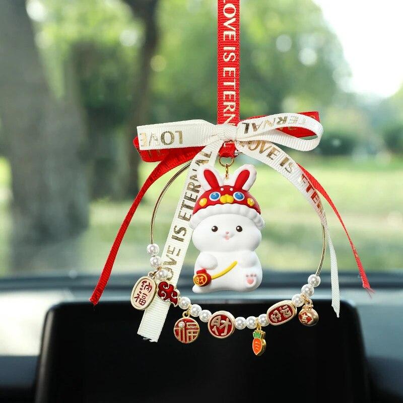 Cute Lucky Rabbit Car Pendant Amulet Blessing Rearview Mirror Hanging Alloy Key Bag Car Ornament Decor Couple Gift Xmas New Year