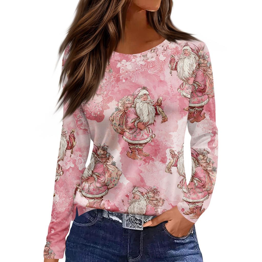 Women's Fashion Casual Slit Hem Round Neck Long Sleeve Loose Printed T-Shirt Top