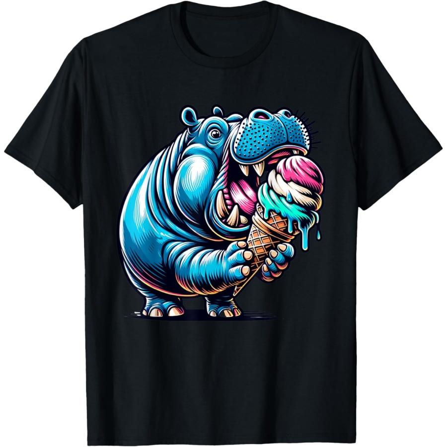 Hippopotamus Eating Ice Cream Funny Cartoon Summer Hippo T-Shirt S