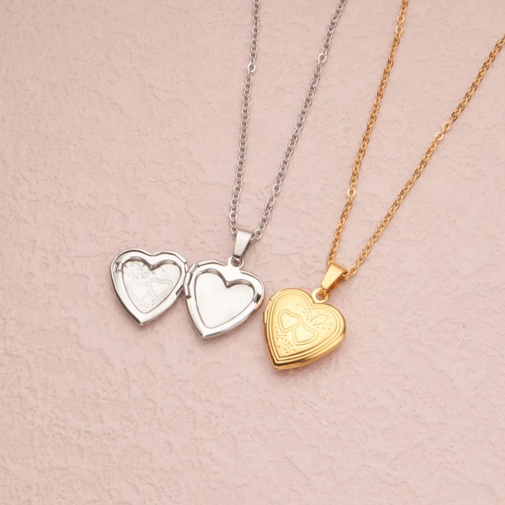 Stainless Steel Heart-Shaped Openable Lock Photo Frame Photo Box Double Heart Gold Pendant Necklace