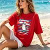 Trendy Skate Penguin Ocean Stripes Watercolor Art T Shirt Navy Premium Cotton Short Sleeve Sea Animal Beach Travel Souvenir Tee